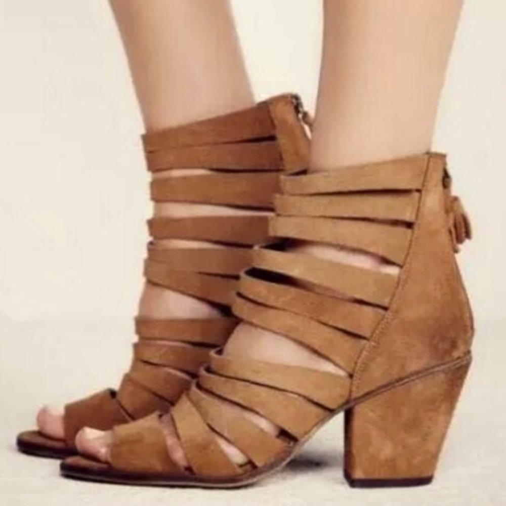 Free People Women Size 38 US 7.5 Cayman Strappy Tan BROWN Suede Heels BOOTIES